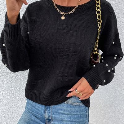 China Anti-Wrinkle Neck Solid Color Round Sweater Loose Long Sleeves With Beads Decoration Knit Pullover Sweater for sale