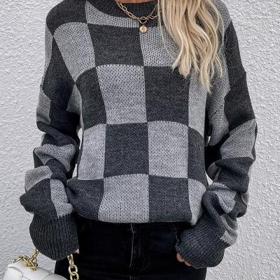 China Ladies Gray Plaid Crew Neck Checkered Anti-Wrinkle Knitted Sweater Custom Long Sleeve Pullover Loose Sweater for sale