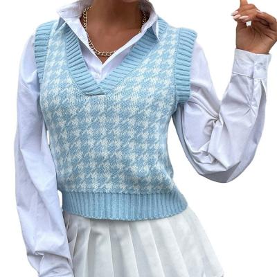 China Anti-wrinkle Secondary Color V-Neck Vest Knit Sweater Houndstooth Sweater for sale