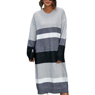 China Loose Anti-wrinkle Sweater Midi Dress Striped Intercolor Sweater Dress for sale