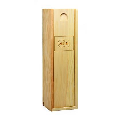 China Handmade cheap wooden engraved logo wine single bottle box natural color sliding lid pine wood wine box for sale