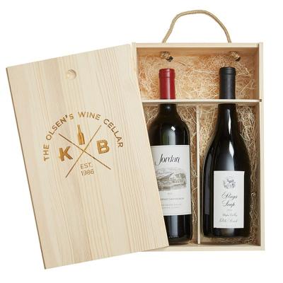 China 2 Bottle Handle Slide Lid Wood Handmade Rustic Hechoi Eco-Friendly Packing Box For Wine for sale