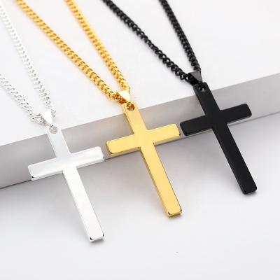 China Fashion Jewelry 2022 Religious Black Cuban Chain Necklace Men Silver Gold Polished Stainless Steel Christian Cross Pendant Necklace for sale