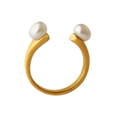 China Vintage Minimalist High Polished 316L Stainless Steel Open Ring NON Tarnish 18K Gold Plated Double Pearl Open Ring for sale