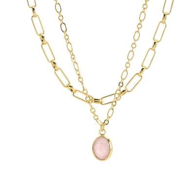 China Latest Romantic Wholesale Gold Plated Fashion Brass Custom Layered With Oval Shape Gemstone Pink Crystal Pendant Necklace For Women Girls for sale