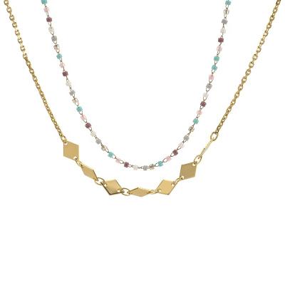 China Custom Made Bohemian Trendy Rhombus Colorful Beaded Multilayer Link Chains Jewelry 18K Style Female Necklace for sale