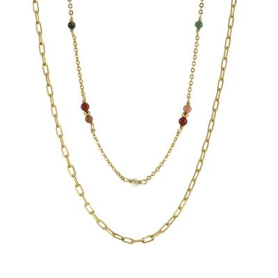 China Fashionable Custom Ladies Jewelry Fashionable Gold Plated Brass Ruby and Indian Agate Beaded Chains Multilayer Popular Necklace for sale