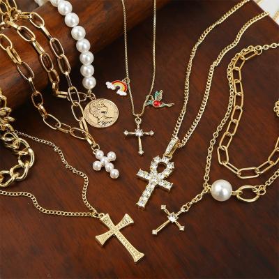 China Multi Chain Fashion Vintage Fashion Layer Cuban Link Bead Jewelry Gold Plated Retro Rainbow Zircon Cross Necklace For Women for sale