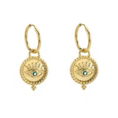 China New Arrival 18K Gold Turkish Green Eye Evil Eye Styles European Religious Cubic Zircon Crucifix Charms Circle Earrings for sale