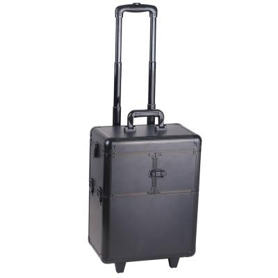 China 360 Degree Black Box Waterproof High Quality Aluminum Material Trolley Case Makeup Cosmetic Case On Wheels for sale