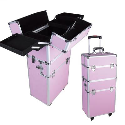 China Waterproof 3 in 1 Professional Aluminum Travel Rolling Cosmetic Case Trolley Makeup Vanity Case for sale