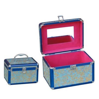 China Blue Color Aluminum Frame Waterproof By Lock 22X16X15cm Mini Mobile Cosmetic Storage Case With Mirror for sale