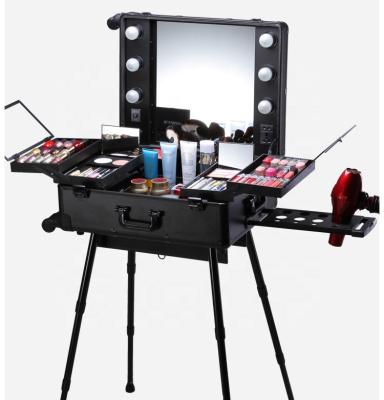 China Waterproof Professional Beauty Salon Black Aluminum Makeup Case With Lights for sale