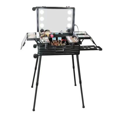 China Fashion Kimberly Rolling Studio Professional Beauty Trolley Lighting Aluminum Makeup Case With Adjustable Stand Legs And Chai for sale