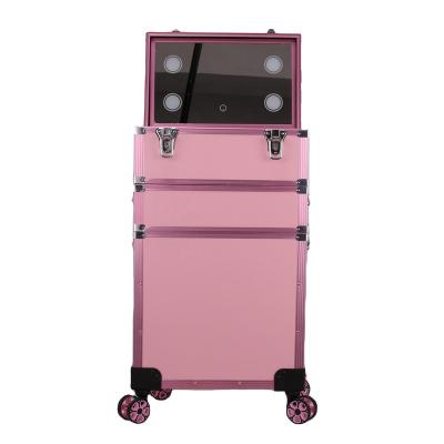 China Fashion Newest Design Lighted Makeup Trolley Cosmetic Case Station With Trays And Drawers for sale