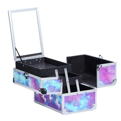 China Lady Large-Capacity Cosmetic Storage Case with Mirror Mini Makeup Train Purple Travel Base Container for Led Touch Screen for sale