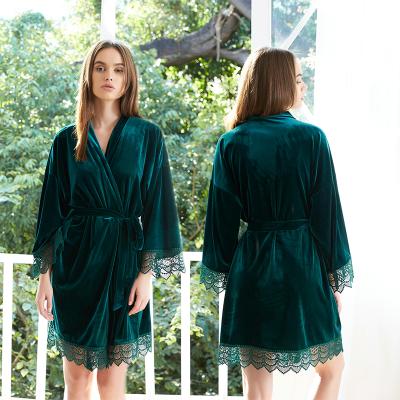 China Velvet Polyester QUICK DRY Long Robes With Lace Women Sleepwear Bathing Long Robes Nightgown for sale