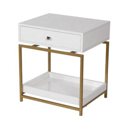 China Convertible wooden nightstand bedside table with gold metal frame bedside cabinet gloss white for sale