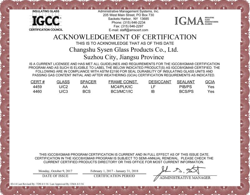 acknowledgement of certification - Changshu Sysen glass products Co. Ltd.