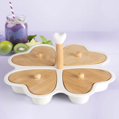 China Sustainable Decorative White Ceramic Heart Shaped Dish Serving Tray Appetizer Tray With Wooden Lid for sale