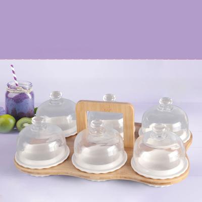 China 6 Grids Sustainable Western Baking Pudding Dessert Bowls With Glass Domes Wholesale With Bamboo Wooden Stand for sale