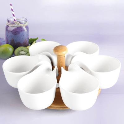 China Sustainable Six Tapas Bowls Ceramic Spoon Snack Set Ceramic Handle With Bamboo Base for sale