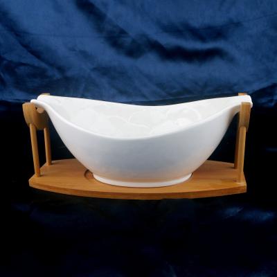 China New Sustainable Ceramic Bowl Design White Color Flower Rose Model With Double Ears With Wood Stand for sale