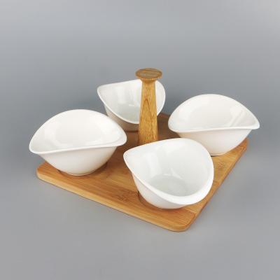 China Sustainable Custom White Ceramic Nut Bowl Porcelain Bowl Set Combination With Wooden Stand for sale