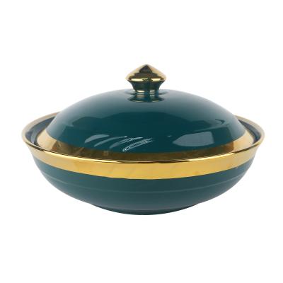 China Sustainable Dark Green Ceramic Dinner Rice Bowl With Gold Rim And Gold Lid for sale