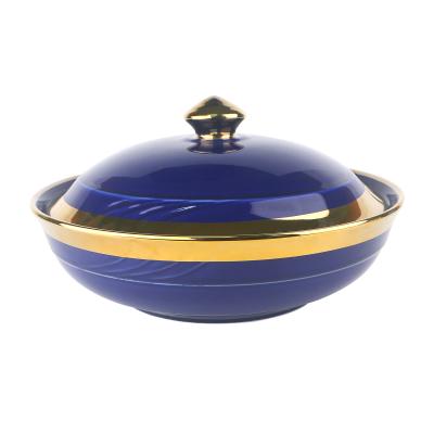 China Viable hot sale unique blue color ceramic rice soup bowl with gold rim with gold lid for sale