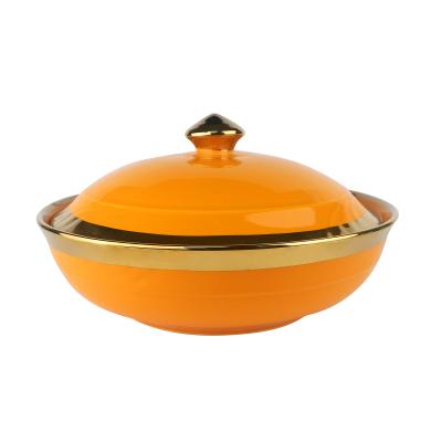 China Viable Color Gold Marbling Light Orange Rice Bowl With Gold Rim And Gold Lid for sale