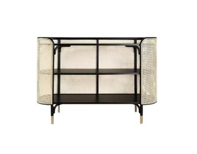 China Nordic Home Rattan/Wicker Rattan Double Layer Store Shelf Interior Solid Wood Wall Cabinet for sale