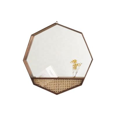 China Durable Nordic Hexagon Octagon Cane Rattan Wood Wall Mirror for sale