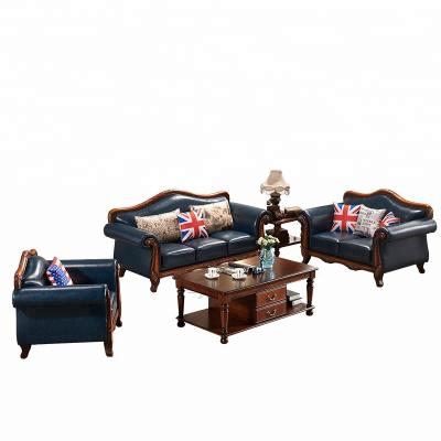 China High Quality Elegant American Style Living Room Genuine Leather Sofa Set Antique Hand Carved Wood for sale