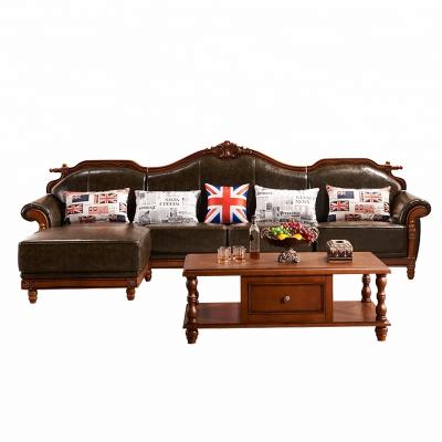 China Slipcovered Luxury American Style Living Room Furniture Antique Carved Wood And Leather Sofa Set for sale