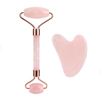 China Ready to Ship Face Lift Jade Roller Gua Sha Set for Face Beauty Facial Massage Authentic Quartz Skin Care Come Home Private Label 2 in 1 Face Lift for sale