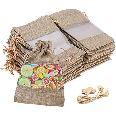 China Wholesale Tea Reusable Jute Packaging Bags DIY Craft Card Burlap Twine Displays Jute Drawstrings Bags With Front Window for sale