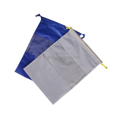 China Custom Rope Handle Factory LOGO Packaging String Bag Front Clear Window Recycled Polyester Laundry Bag With Drawstring for sale