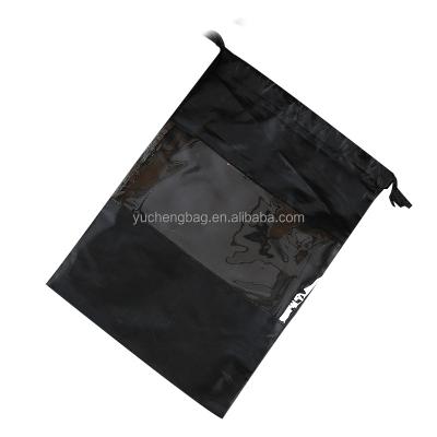 China Heavy Duty Black Rope Handle Tote Bag With Clear Window Sports Drawstring Bag Polyester Custom Wholesale for sale