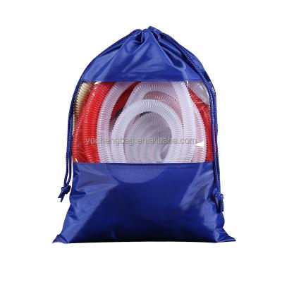 China Rope Handle Household Tools Storage Bag With PVC Window Promotion Navy Blue Polyester Transparent White Drawstring Bags for sale