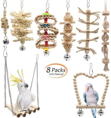 China 8 Pcs Viable Bird Swing Chewing Toys Bird Perches Hanging Bird Toys Parrots Nature Color Hammock Toys With Bells For Small Medium Parro for sale