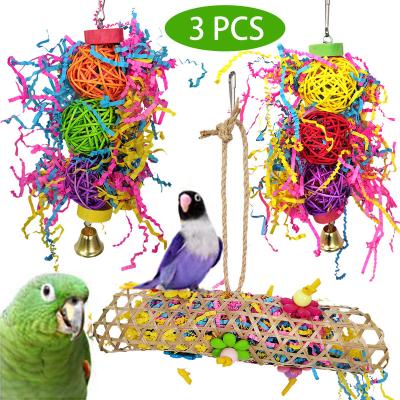 China 3 Pcs Viable Bird Swing Chewing Toys Bird Perches Bird Toys Parrots Mirrors Wallpaper Pose Toys With Bells For Medium Small Parrot for sale