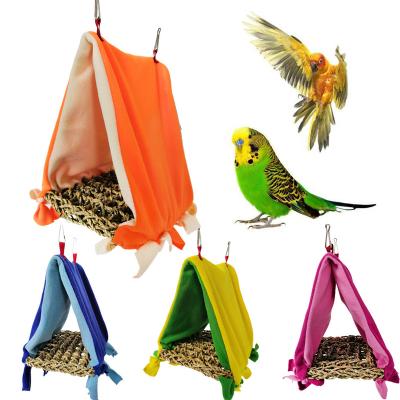 China Warm Soft Straw Woven Pet Parrot Bird Triangle Hammock Viable Pet Supplier Nest Mat Plush Canvas Tent Small for sale