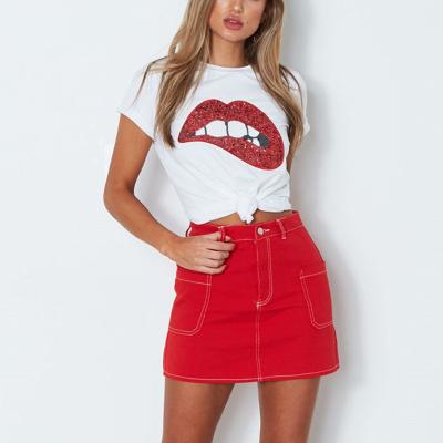 China Anti-pilling Summer T-shirt For Women Cotton Short Sleeve Lips Sequin T-shirts Casual Woman for sale