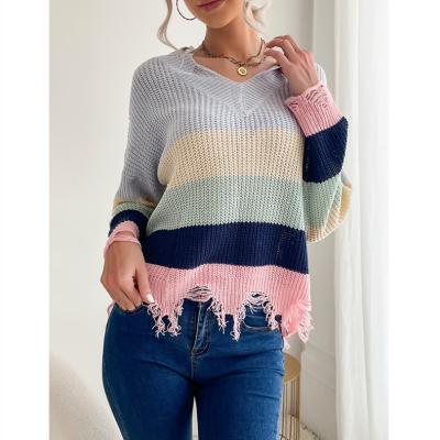 China Anti-pilling Casual Fashion Women Knit Autumn Boho V-Neck Color Block Distressed Sweater for sale