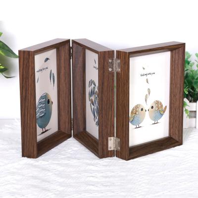 China Durable Eco-friendly European Style Photo Frame Creative Triple Folding Coarse Wooden Frame for sale