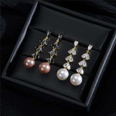 China Fashion New Fashion Real Long Brass Gold Plated Gold Plated Zirconia Pearl Drop Earrings for sale