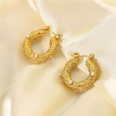 China Fashionable High Quality PS Zircon Pearl 18K Gold Plated Stainless Steel Jewelry Chunky Hoop Earring For Women for sale