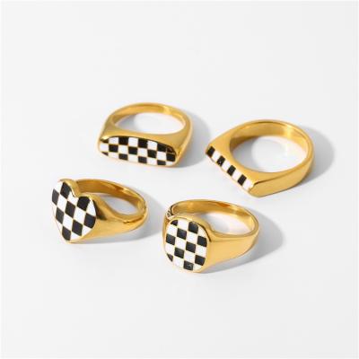 China Fashion PS Fashion High Quality Style Stainless Steel Real Jewelry 18K Gold Plated Enamel Checker Rings for sale