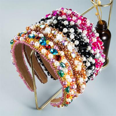 China PS Crystal Rhinestone Luxury Style Pearl Popular Handmade Beaded Colorful Sweated Headband For Women Hair Accessory for sale